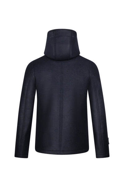 Lacivert Regular Fit Hakim Yaka Kapüşonlu Yünlü Kaşe Mont - 2