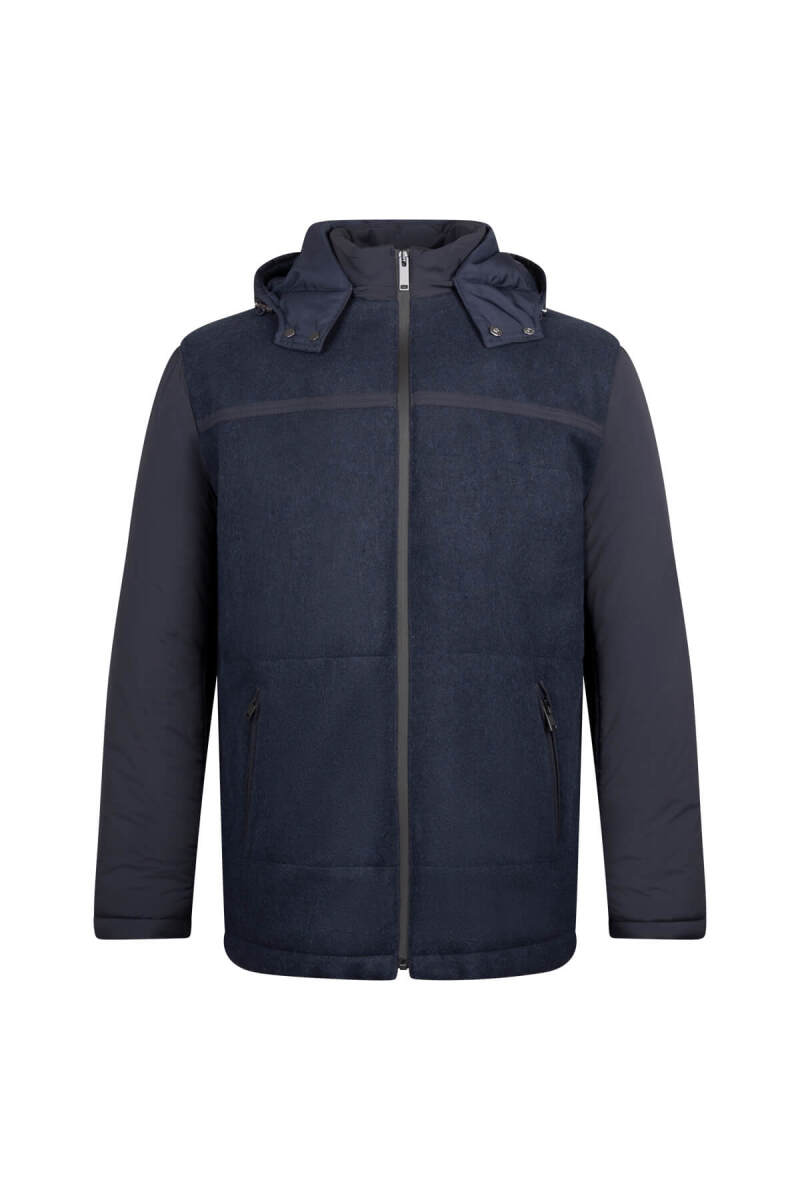 Lacivert Regular Fit Hakim Yaka Yünlü Kapüşonlu Şişme Mont - HTML