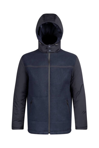 Lacivert Regular Fit Hakim Yaka Yünlü Kapüşonlu Şişme Mont - 2