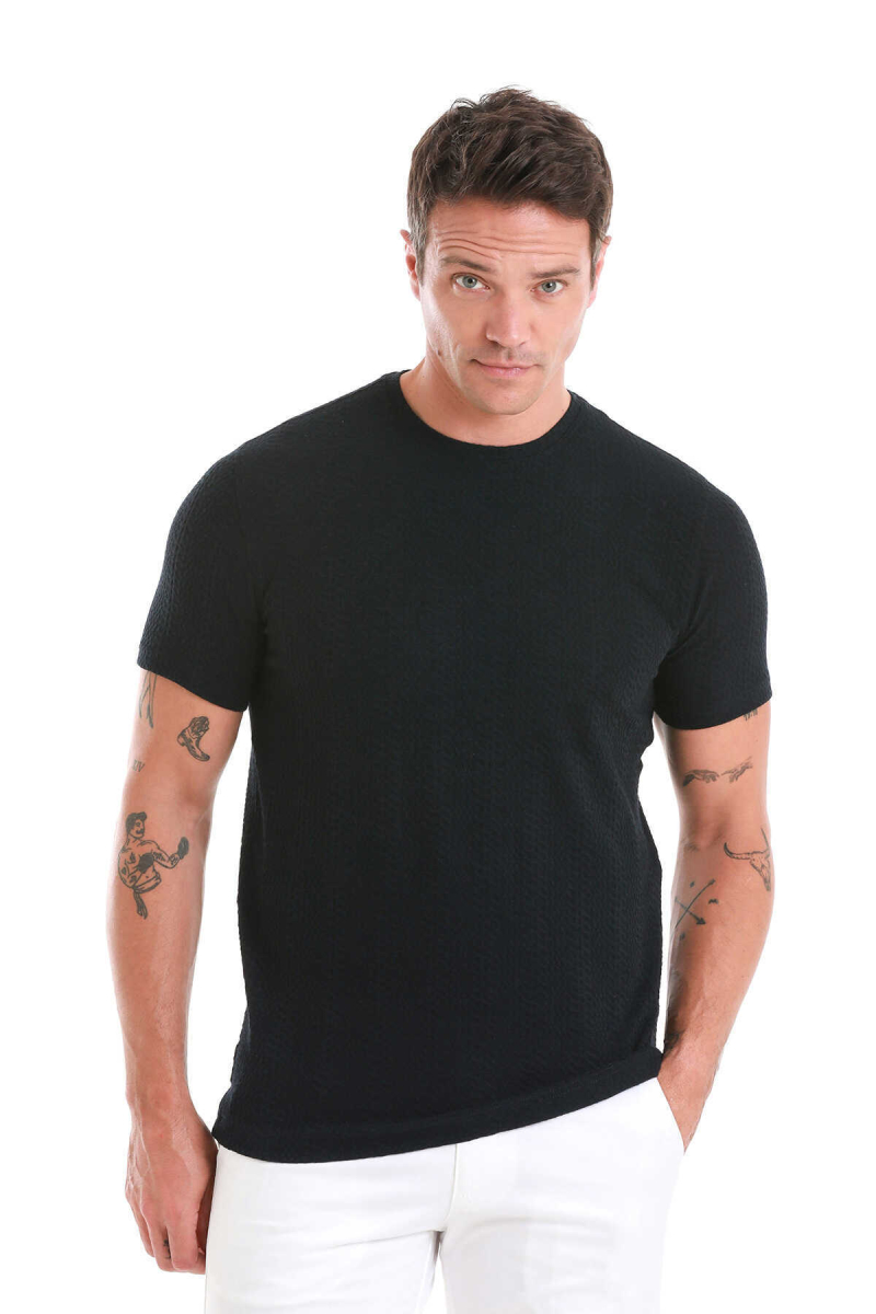 Lacivert Regular Fit Jakarlı Bisiklet Yaka Tişört - Hatem Saykı