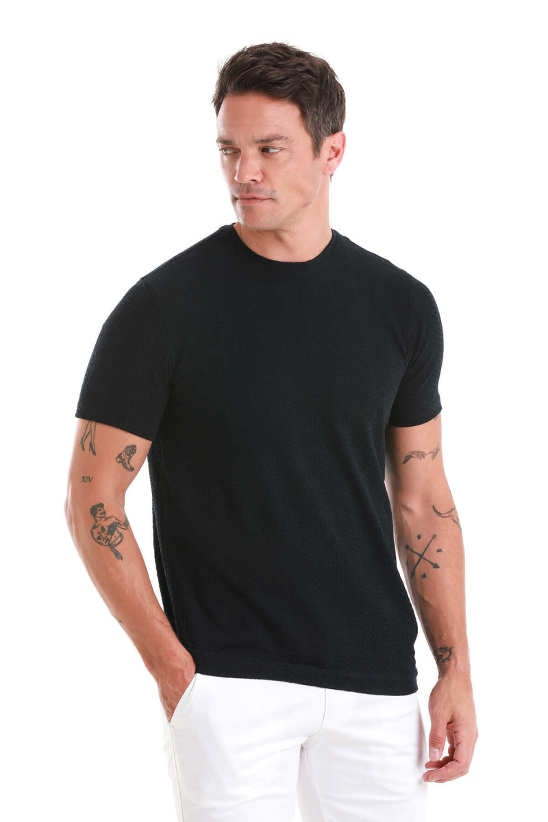 Lacivert Regular Fit Jakarlı Bisiklet Yaka Tişört - Hatem Saykı (1)