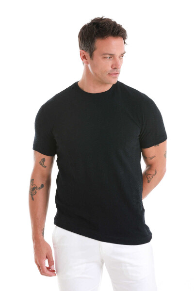 Lacivert Regular Fit Jakarlı Bisiklet Yaka Tişört - 4