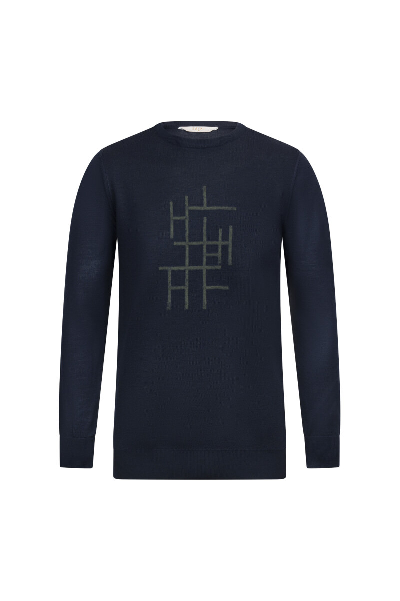 Lacivert Regular Fit Jakarlı Bisiklet Yaka Yünlü Triko Kazak - HATEM SAYKI