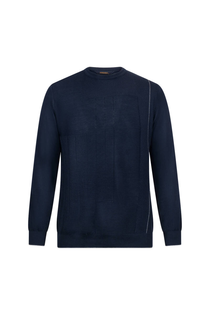 Lacivert Regular Fit Jakarlı Bisiklet Yaka Yünlü Triko Kazak - Hatemoğlu