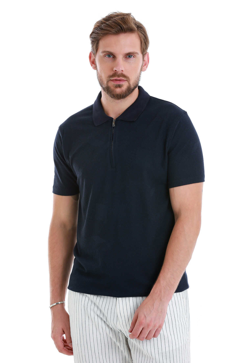Lacivert Regular Fit Jakarlı Polo Yaka Fermuarlı Tişört - Hatem Saykı