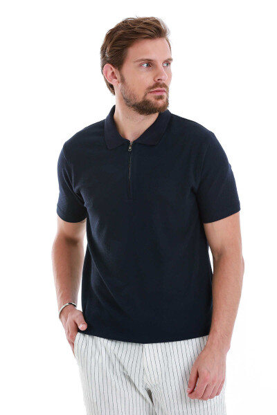 Lacivert Regular Fit Jakarlı Polo Yaka Fermuarlı Tişört - 3