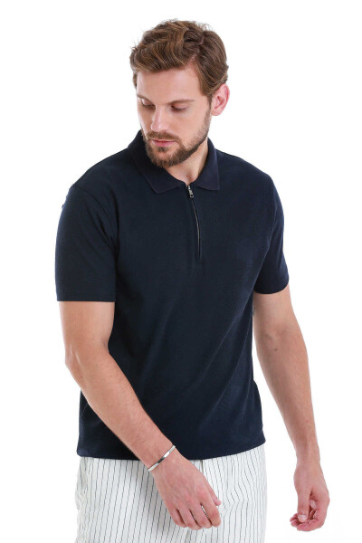 Lacivert Regular Fit Jakarlı Polo Yaka Fermuarlı Tişört - 4