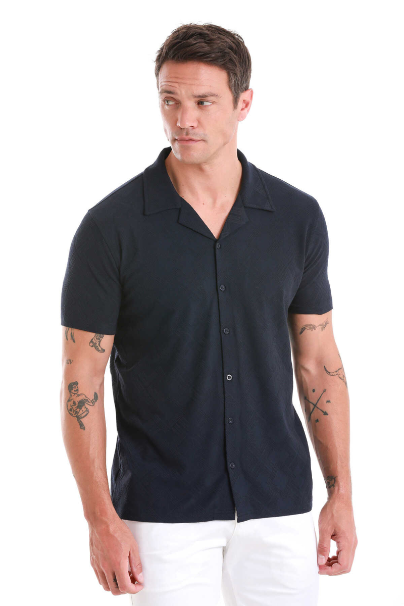 Lacivert Regular Fit Jakarlı Polo Yaka Pamuklu Tişört - Hatem Saykı (1)