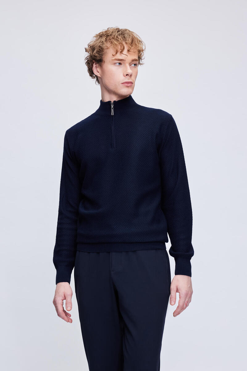 Lacivert Regular Fit Jakarlı Yarım Balıkçı Yaka Fermuarlı Yünlü Triko Kazak - Hatemoğlu