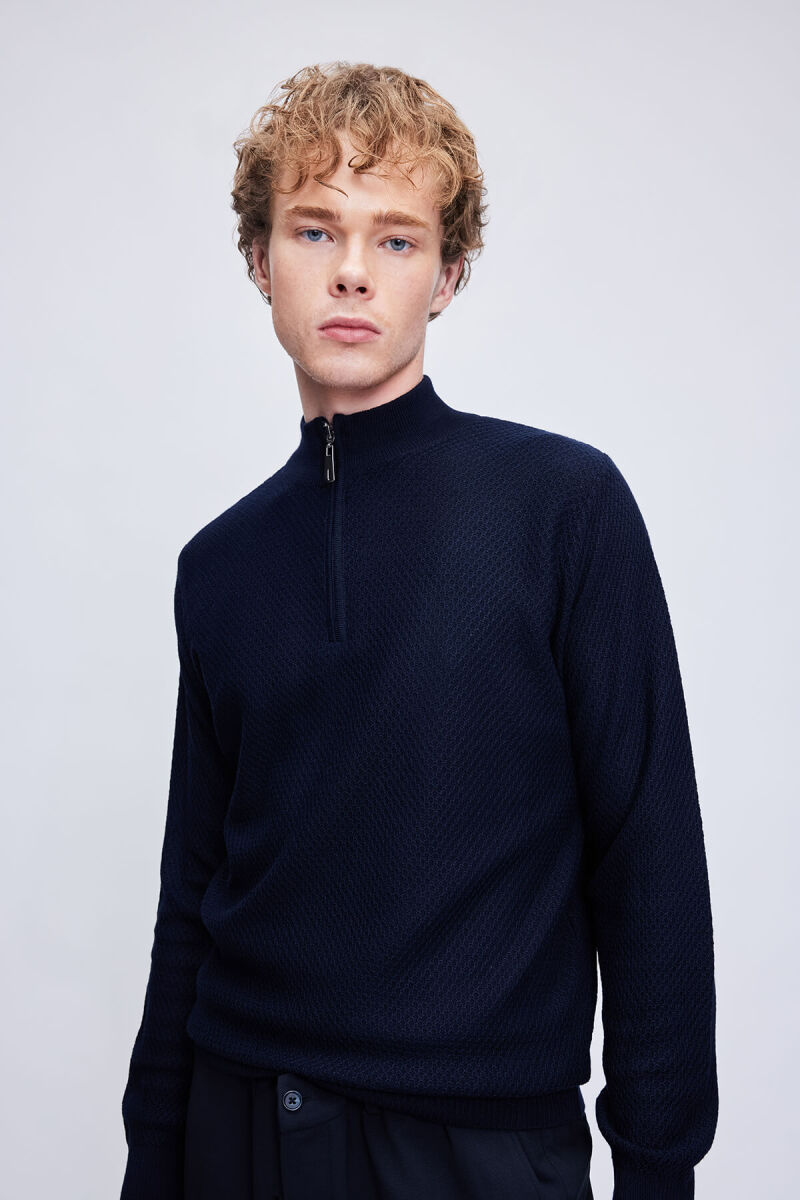 Lacivert Regular Fit Jakarlı Yarım Balıkçı Yaka Fermuarlı Yünlü Triko Kazak - Hatemoğlu (1)
