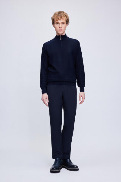 Lacivert Regular Fit Jakarlı Yarım Balıkçı Yaka Fermuarlı Yünlü Triko Kazak - 3