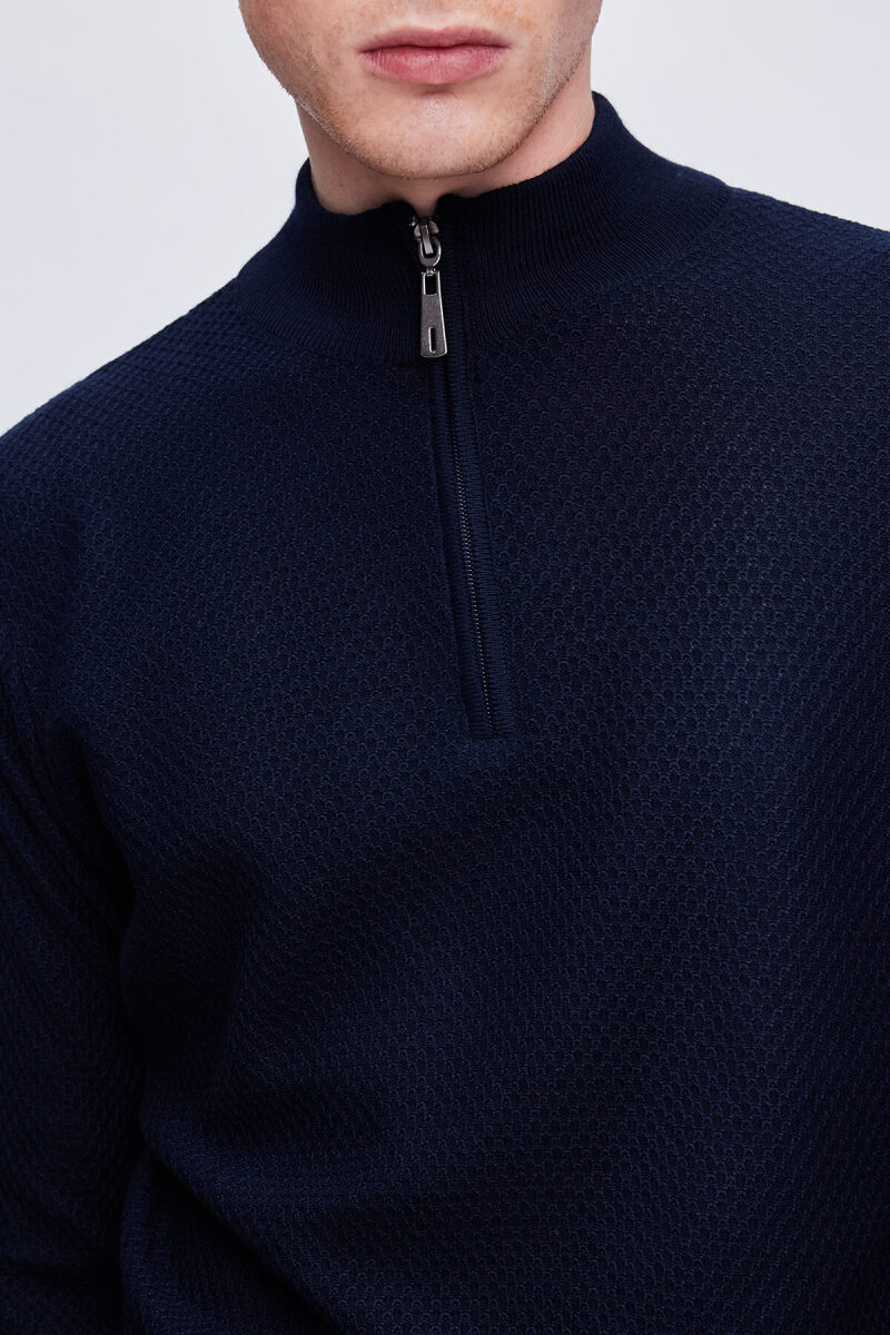 Lacivert Regular Fit Jakarlı Yarım Balıkçı Yaka Fermuarlı Yünlü Triko Kazak - Hatemoğlu (1)