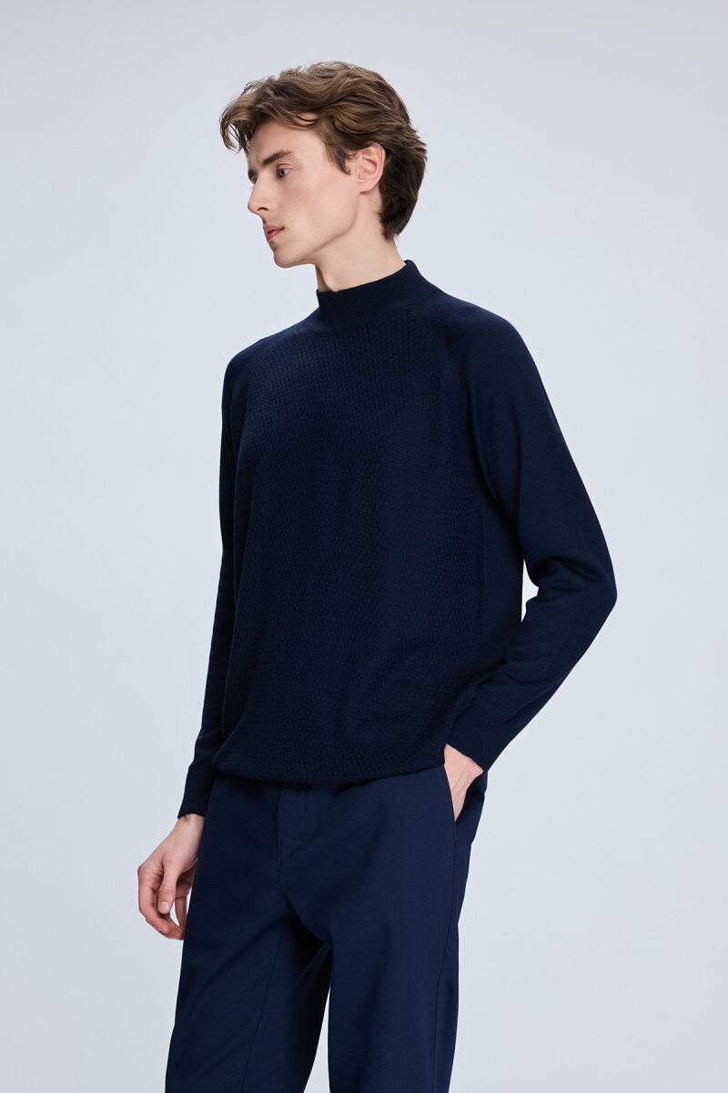 Lacivert Regular Fit Jakarlı Yarım Balıkçı Yaka Yünlü Kazak - Hatemoğlu (1)