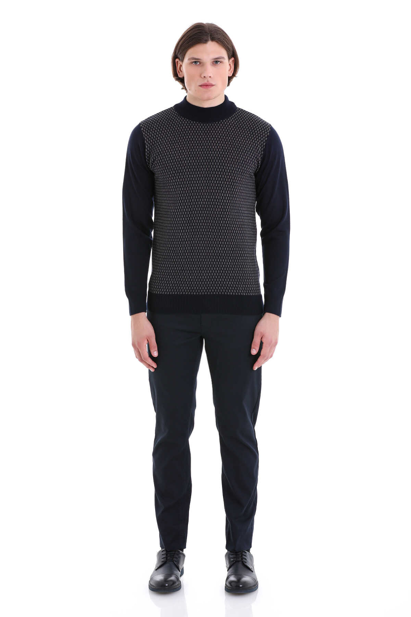 Lacivert Regular Fit Jakarlı Yarım Balıkçı Yaka Yünlü Triko Kazak - Hatemoğlu (1)