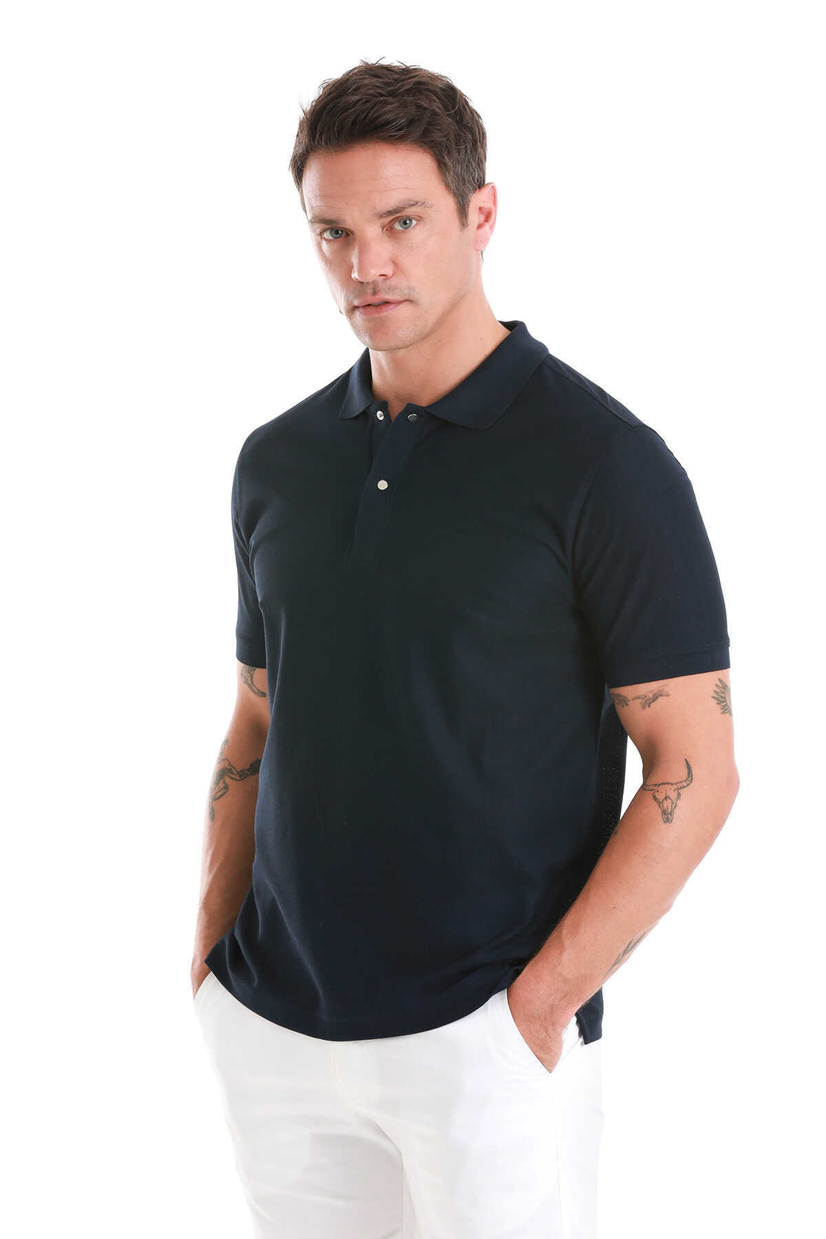Lacivert Regular Fit Merserize Polo Yaka Pamuklu Tişört - 1