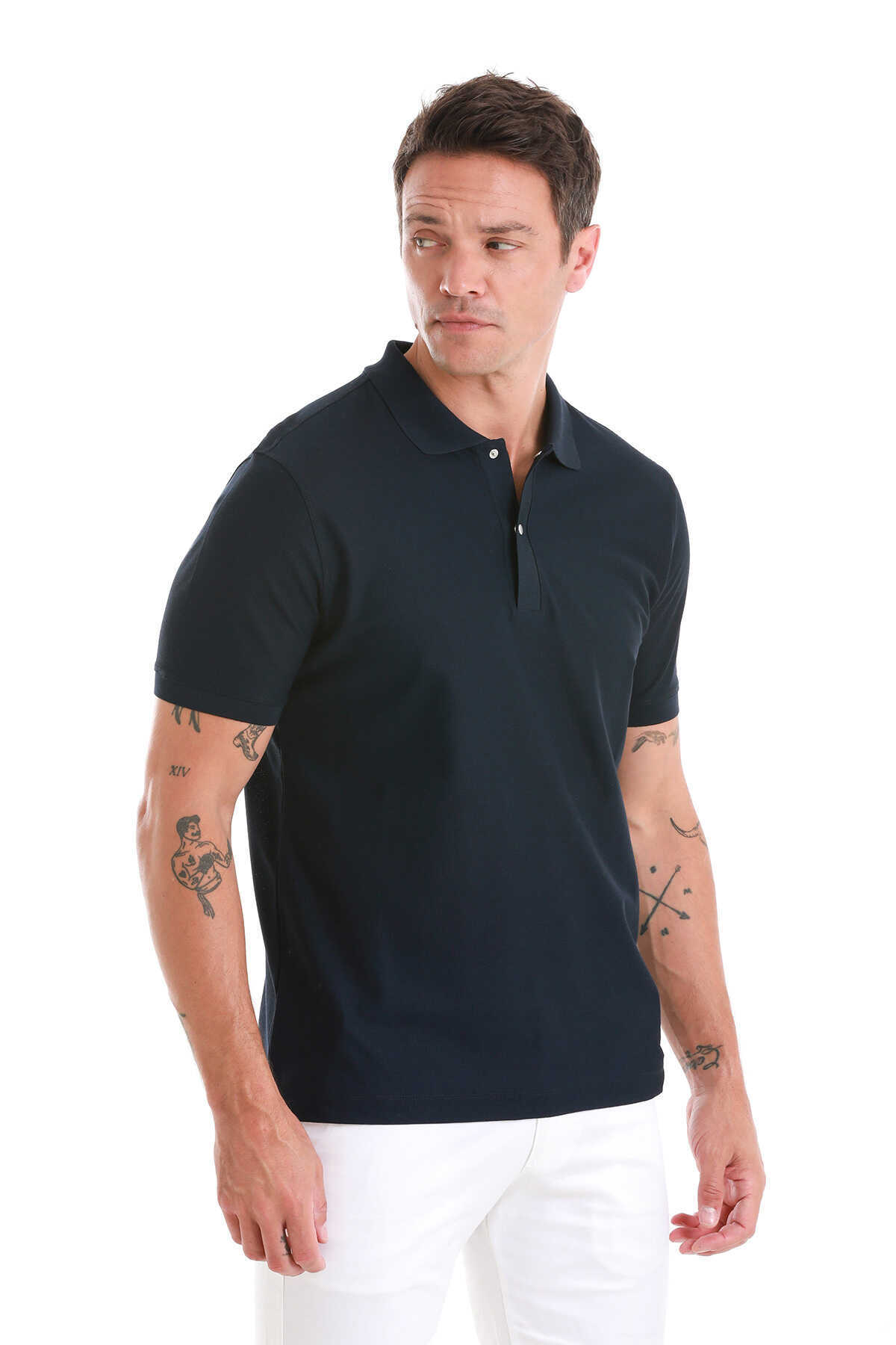 Lacivert Regular Fit Merserize Polo Yaka Pamuklu Tişört - 3
