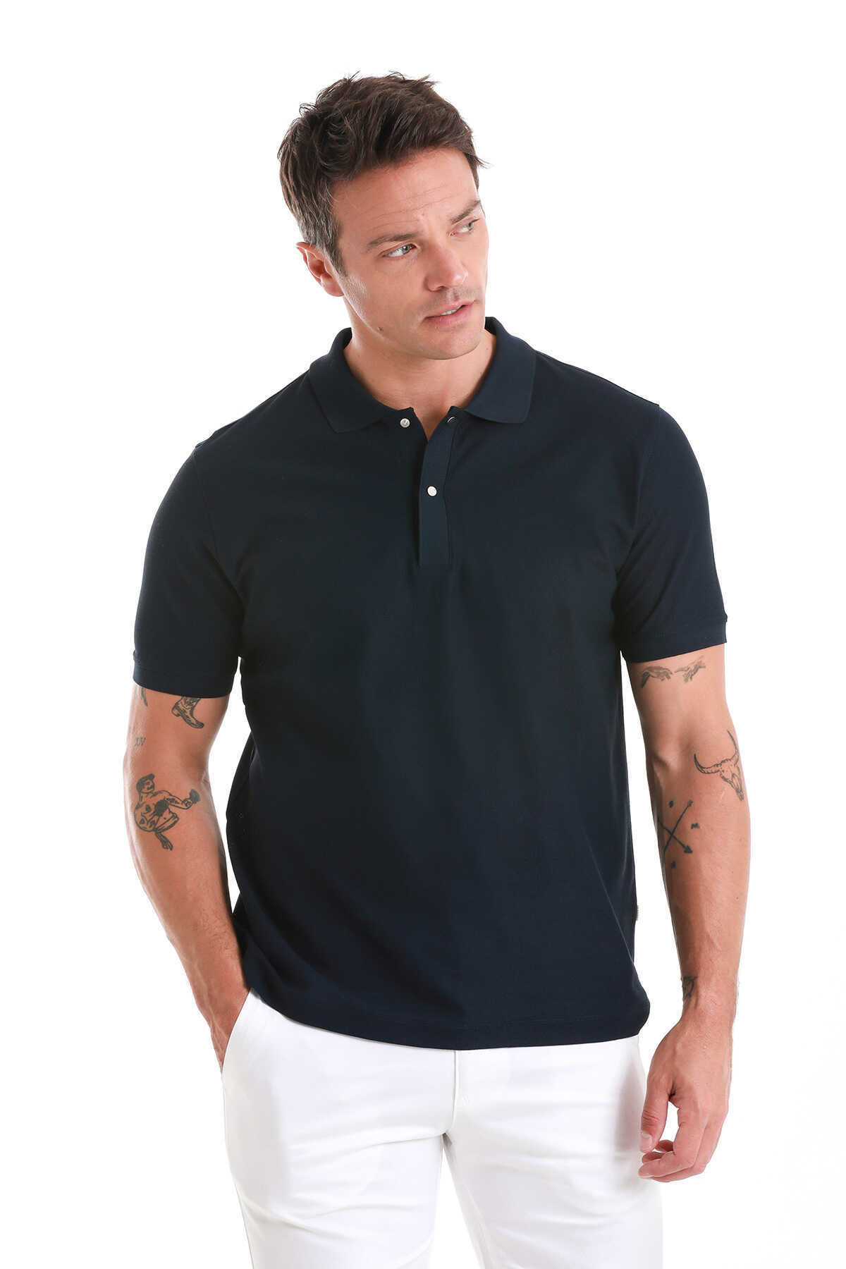 Lacivert Regular Fit Merserize Polo Yaka Pamuklu Tişört - 4