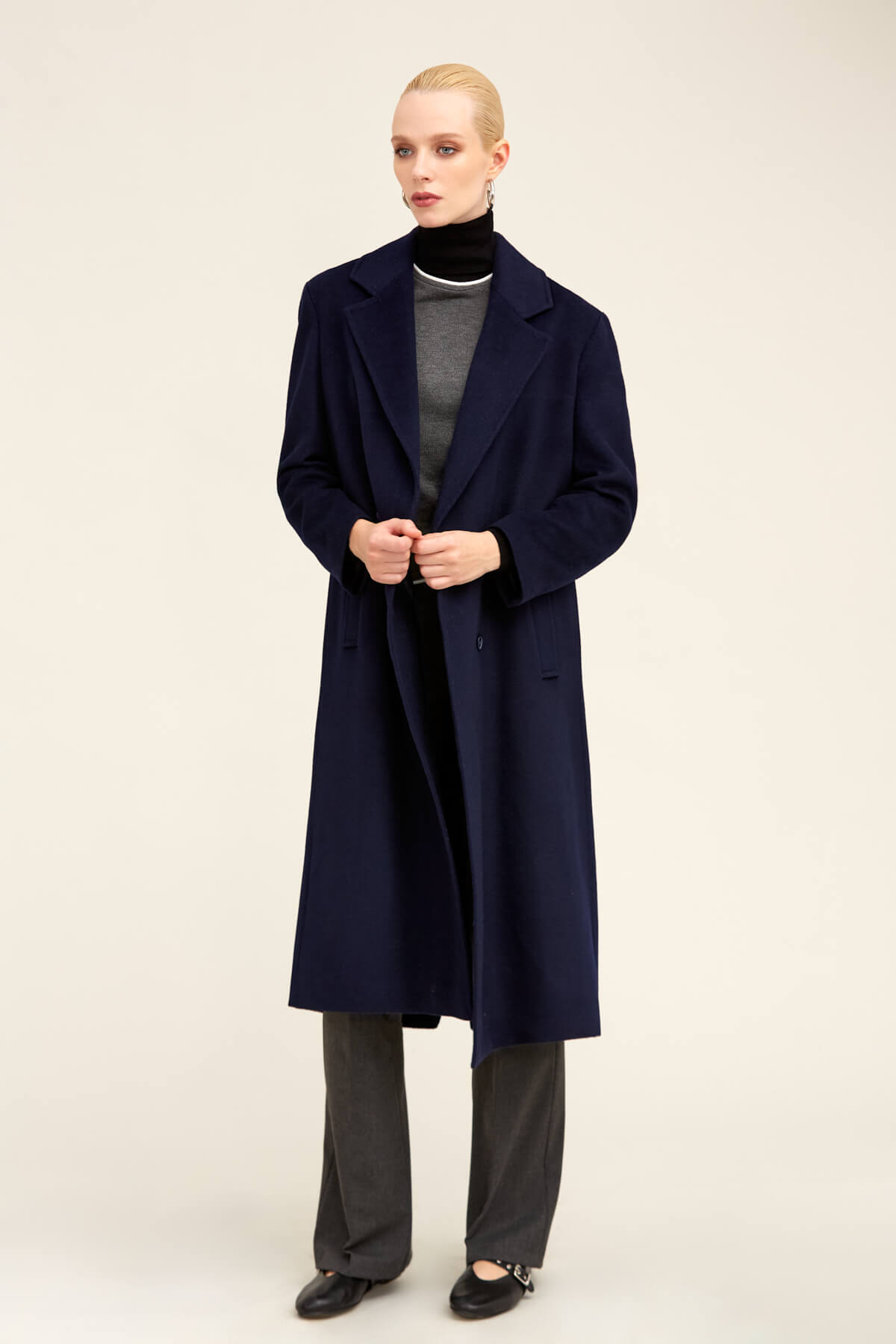 Saykı Woman Lacivert Regular Fit Mono Yaka Kaşe Manto - 5