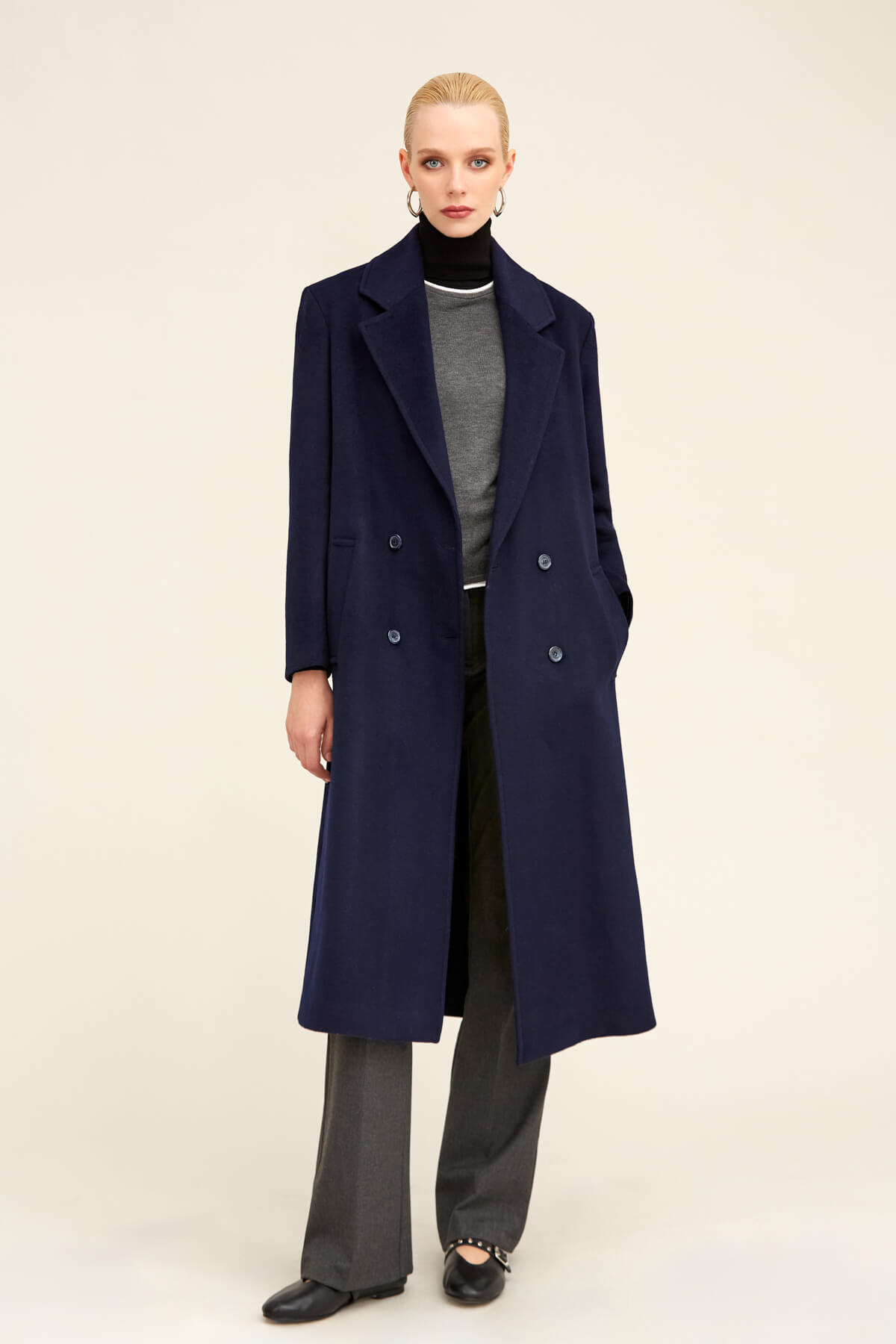 Saykı Woman Lacivert Regular Fit Mono Yaka Kaşe Manto - 1