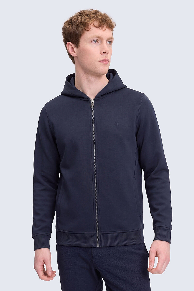 Lacivert Regular Fit Pamuklu Tam Fermuarlı Kapüşonlu Sweatshirt