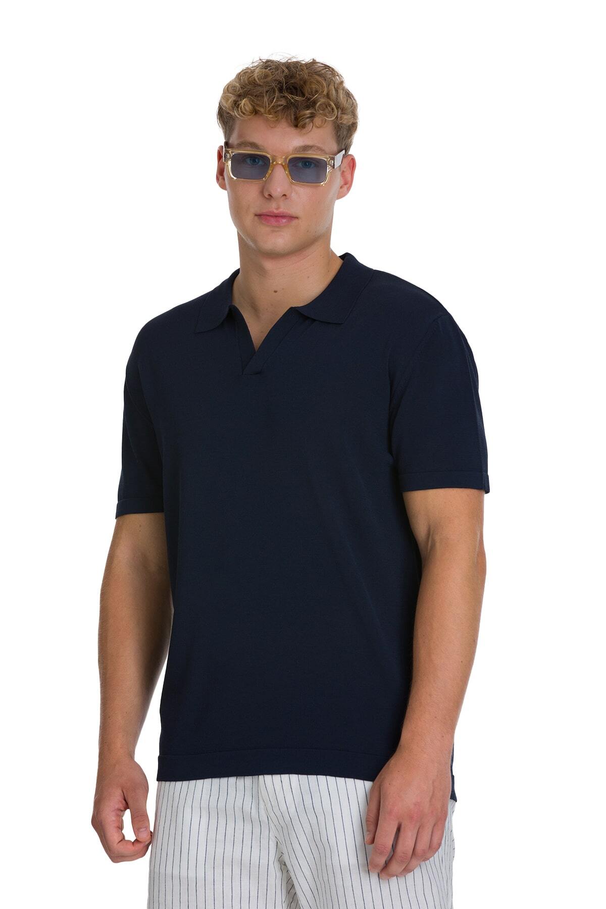 Lacivert Regular Fit Polo Yaka Rayon Tişört - 3