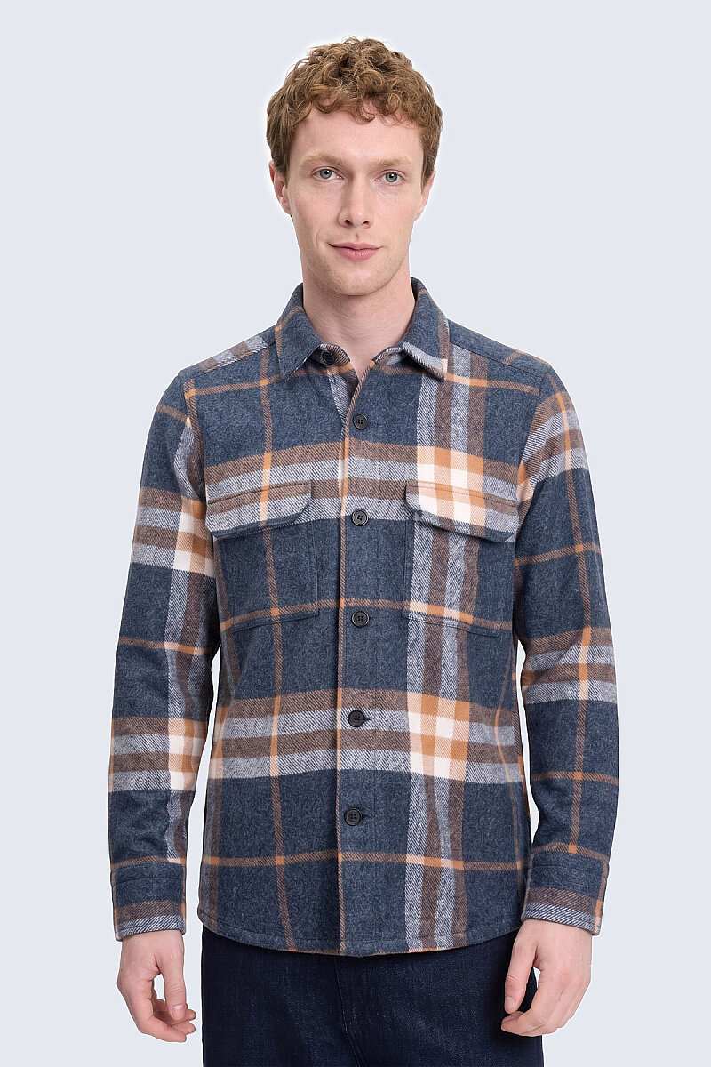 Lacivert Regular Fit Shacket Uzun Kol Pamuklu Kareli Gömlek