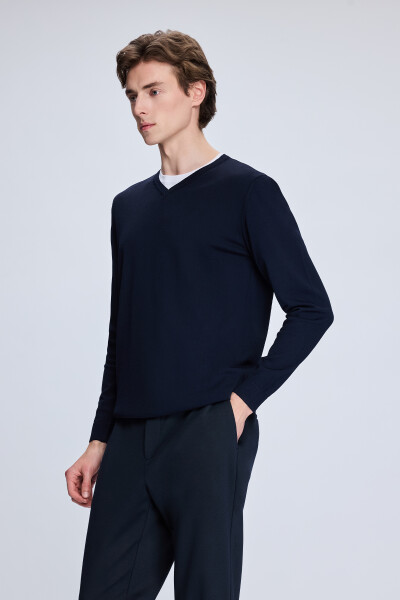 Lacivert Regular Fit V Yaka Rayon Kazak - 3