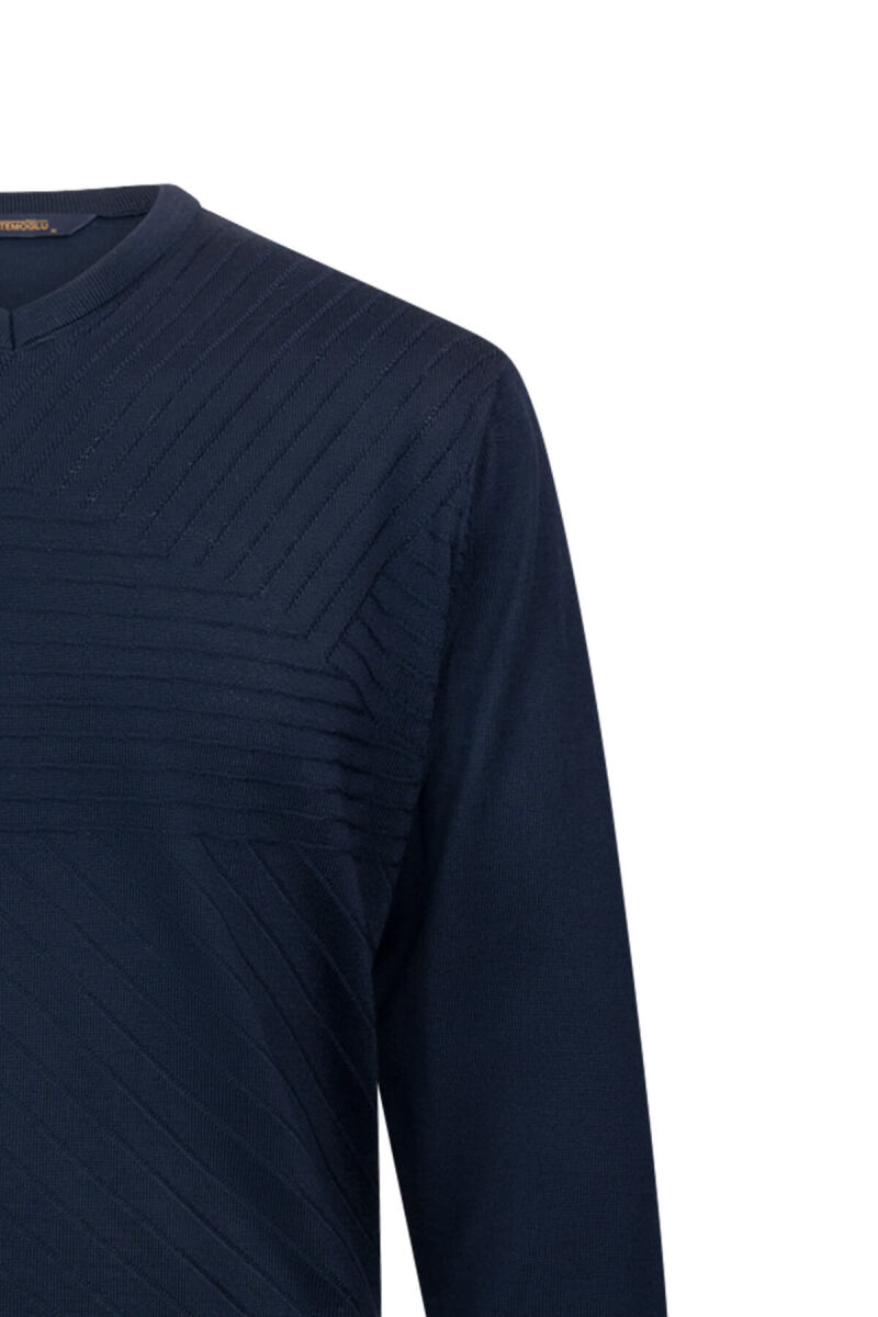 Lacivert Regular Fit V Yaka Yünlü Triko Kazak - HATEMOĞLU (1)