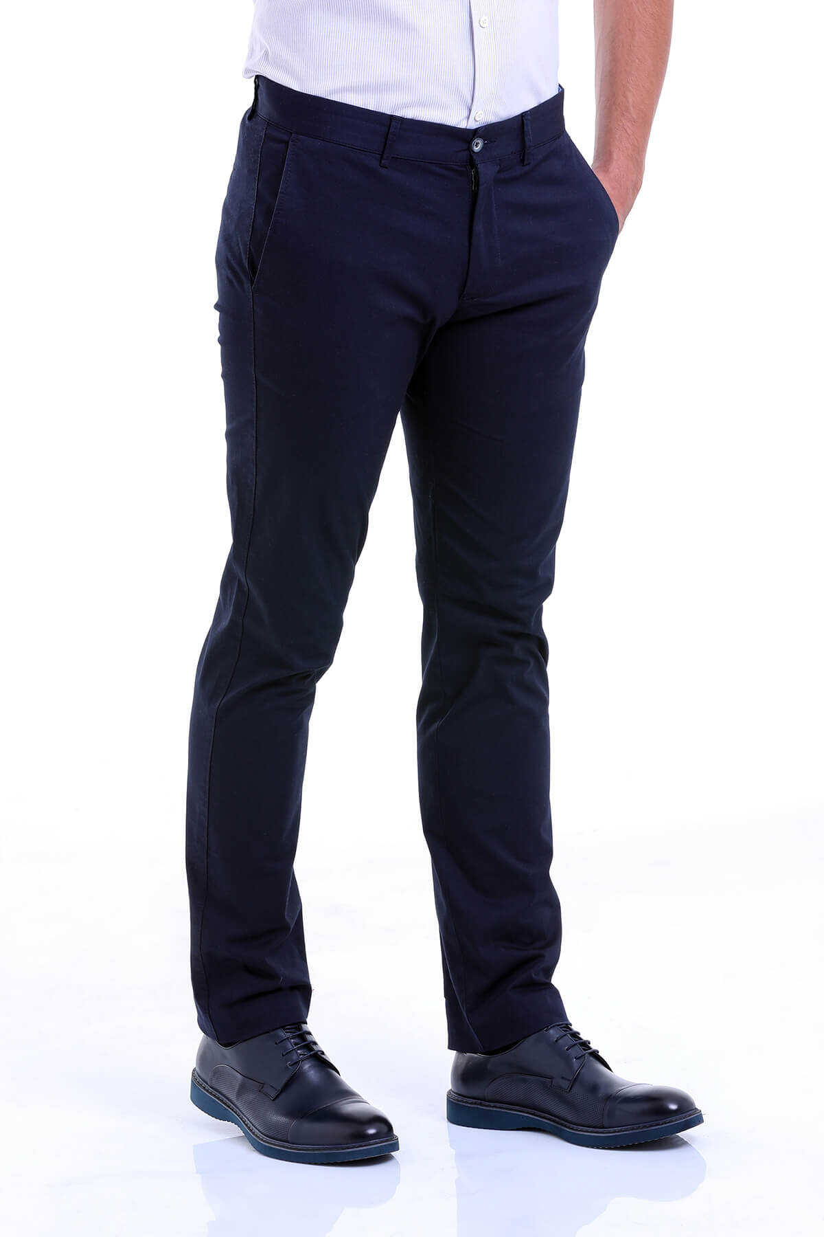 Lacivert Regular Fit Düz Pamuklu Yandan Cep Kanvas Pantolon - 3