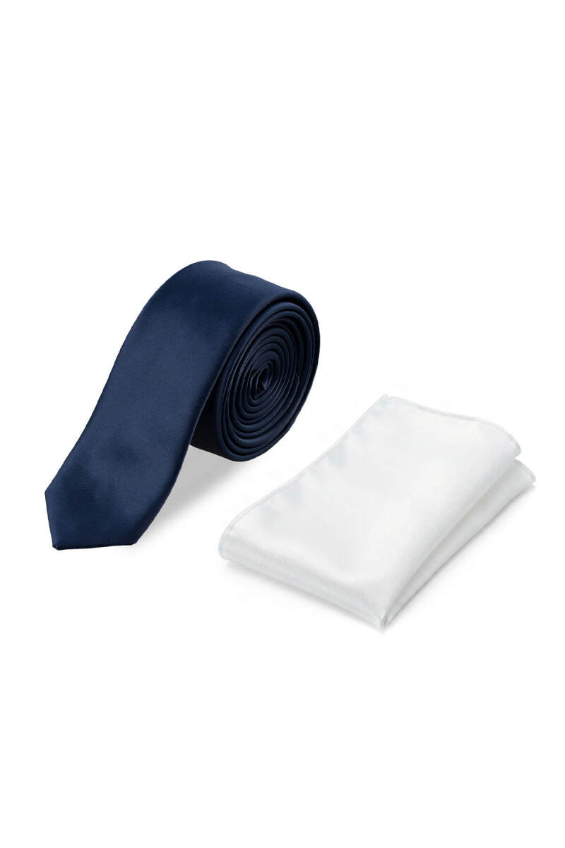 Lacivert Saten Kravat Mendil Set