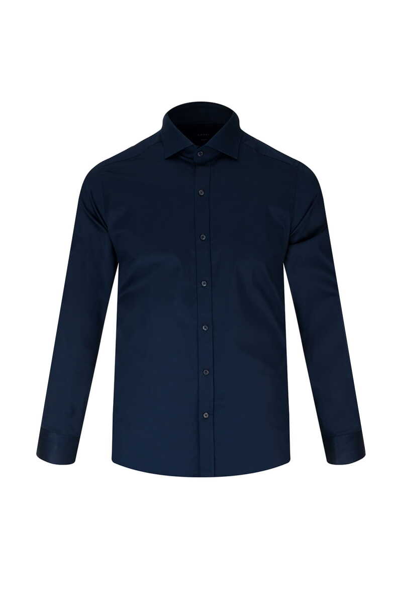 Lacivert Slim Fit Açık İtalyan Yaka Pamuklu Saten Uzun Kollu Gömlek
