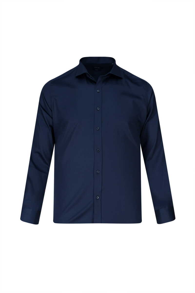 Lacivert Slim Fit Açık İtalyan Yaka Uzun Kollu Saten Gömlek