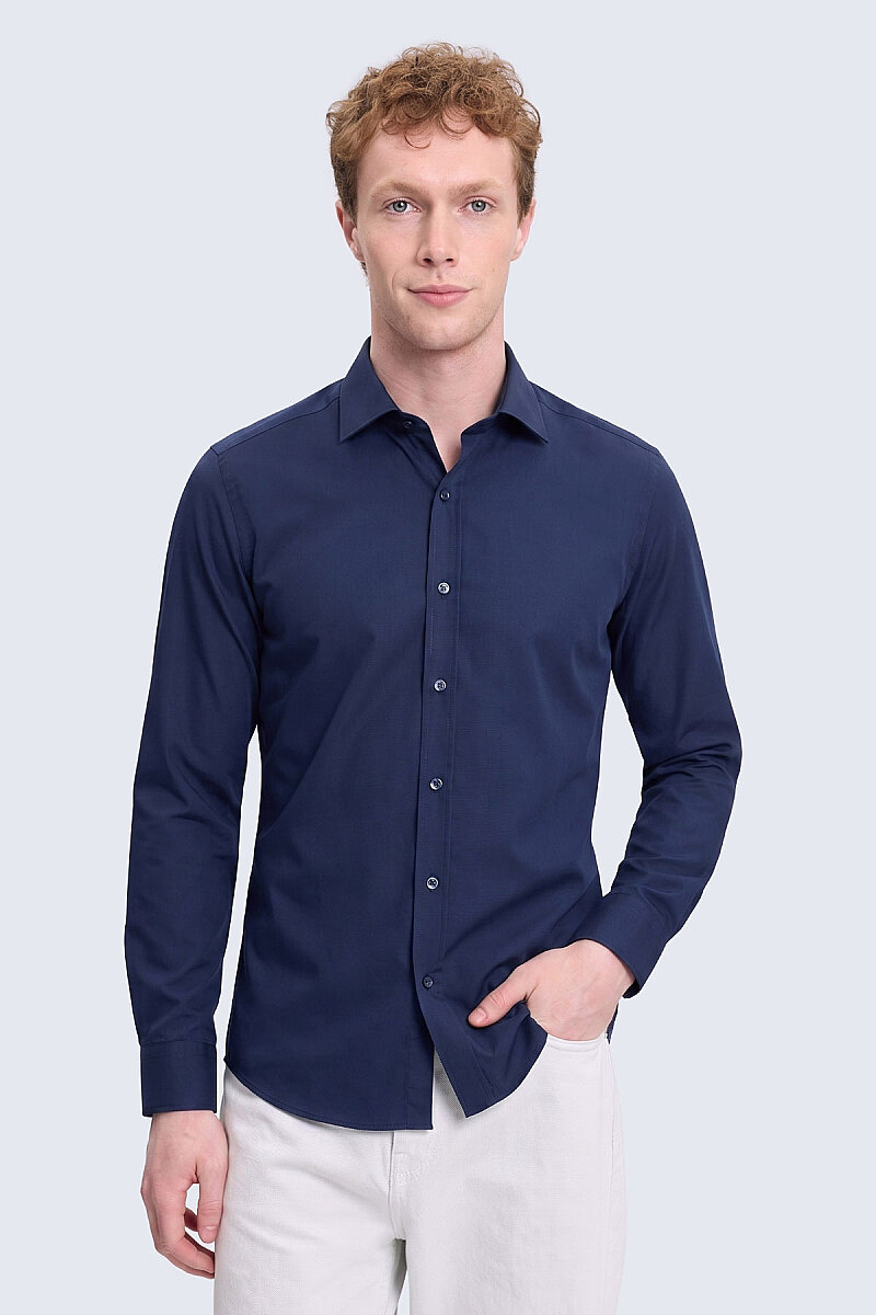 Lacivert Slim Fit Açık İtalyan Yaka Uzun Kollu Saten Gömlek