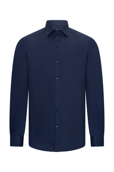 Lacivert Slim Fit Açık İtalyan Yaka Uzun Kollu Saten Gömlek 
