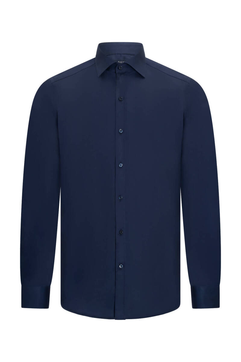 Lacivert Slim Fit Açık İtalyan Yaka Uzun Kollu Saten Gömlek - Saykı