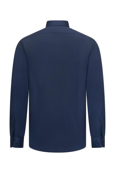 Lacivert Slim Fit Açık İtalyan Yaka Uzun Kollu Saten Gömlek - 2