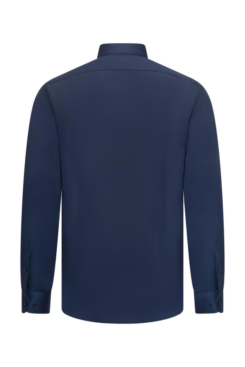 Lacivert Slim Fit Açık İtalyan Yaka Uzun Kollu Saten Gömlek - Saykı (1)