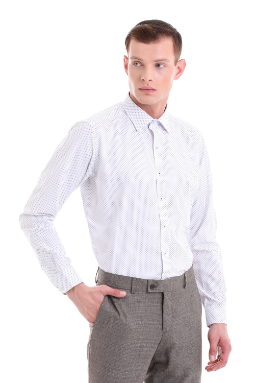 Beyaz Slim Fit Baskılı Pamuklu Slim Yaka Uzun Kollu Klasik Gömlek - Thumbnail (3)