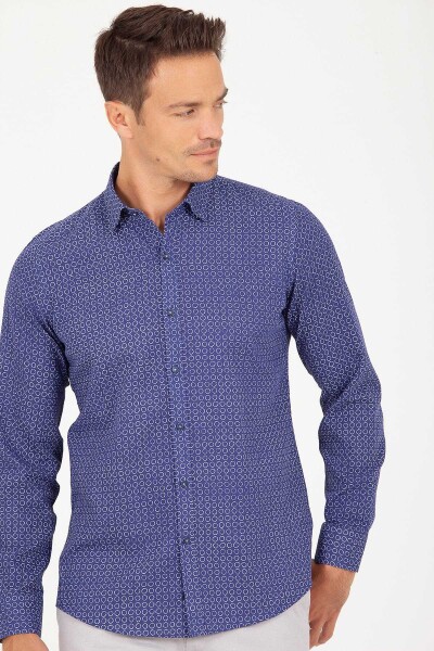 Lacivert Slim Fit Baskılı Uzun Kol Keten Gömlek - 3