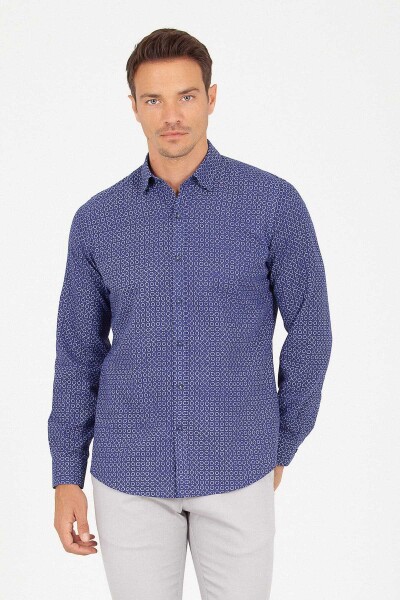Lacivert Slim Fit Baskılı Uzun Kol Keten Gömlek - 2