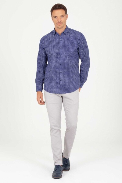 Lacivert Slim Fit Baskılı Uzun Kol Keten Gömlek - 6