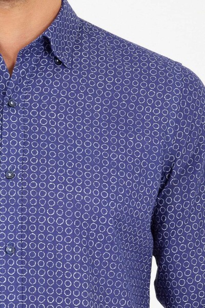 Lacivert Slim Fit Baskılı Uzun Kol Keten Gömlek - 8