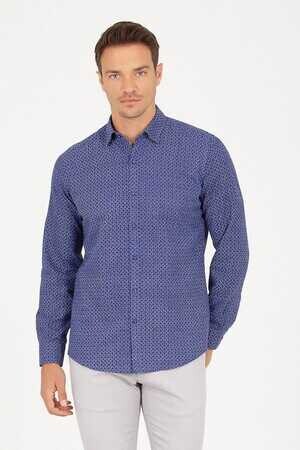 Lacivert Slim Fit Baskılı Uzun Kol Keten Gömlek - 12