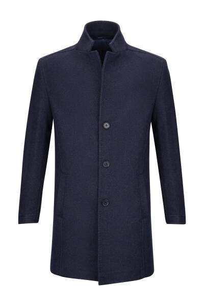 Lacivert Slim Fit Ceket Yaka Yünlü Kaşe Palto - 1