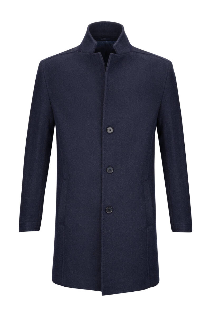 Lacivert Slim Fit Ceket Yaka Yünlü Kaşe Palto - Saykı