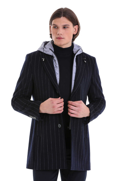 Lacivert Slim Fit Çizgili Ceket Yaka Yünlü Kaşe Palto - 1