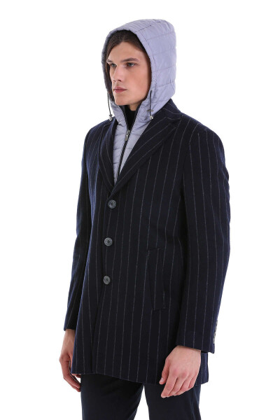 Lacivert Slim Fit Çizgili Ceket Yaka Yünlü Kaşe Palto - 4