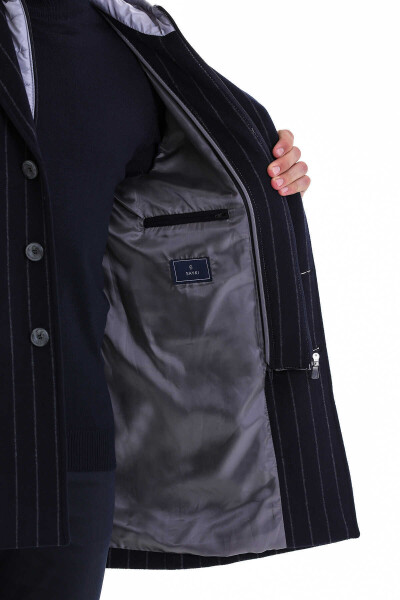 Lacivert Slim Fit Çizgili Ceket Yaka Yünlü Kaşe Palto - 6