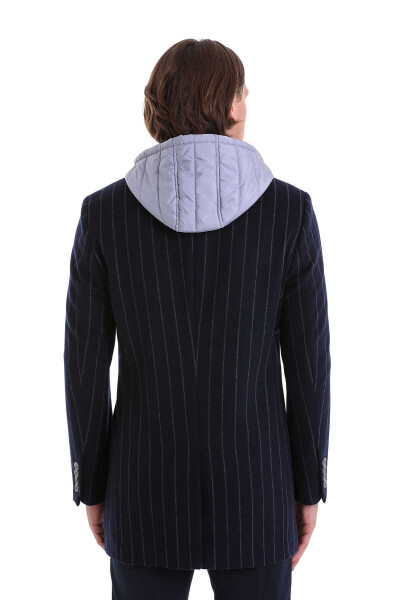 Lacivert Slim Fit Çizgili Ceket Yaka Yünlü Kaşe Palto - 7