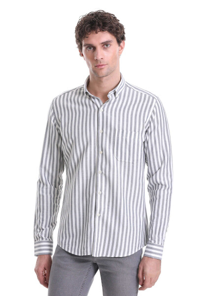 Lacivert Slim Fit Çizgili Dik Yaka Pamuklu Uzun Kollu Casual Gömlek 